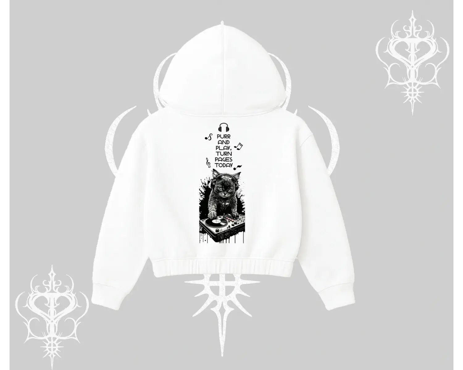 DJ Kedi Baskılı Müzik Temalı Kapşonlu Crop Sweatshirt