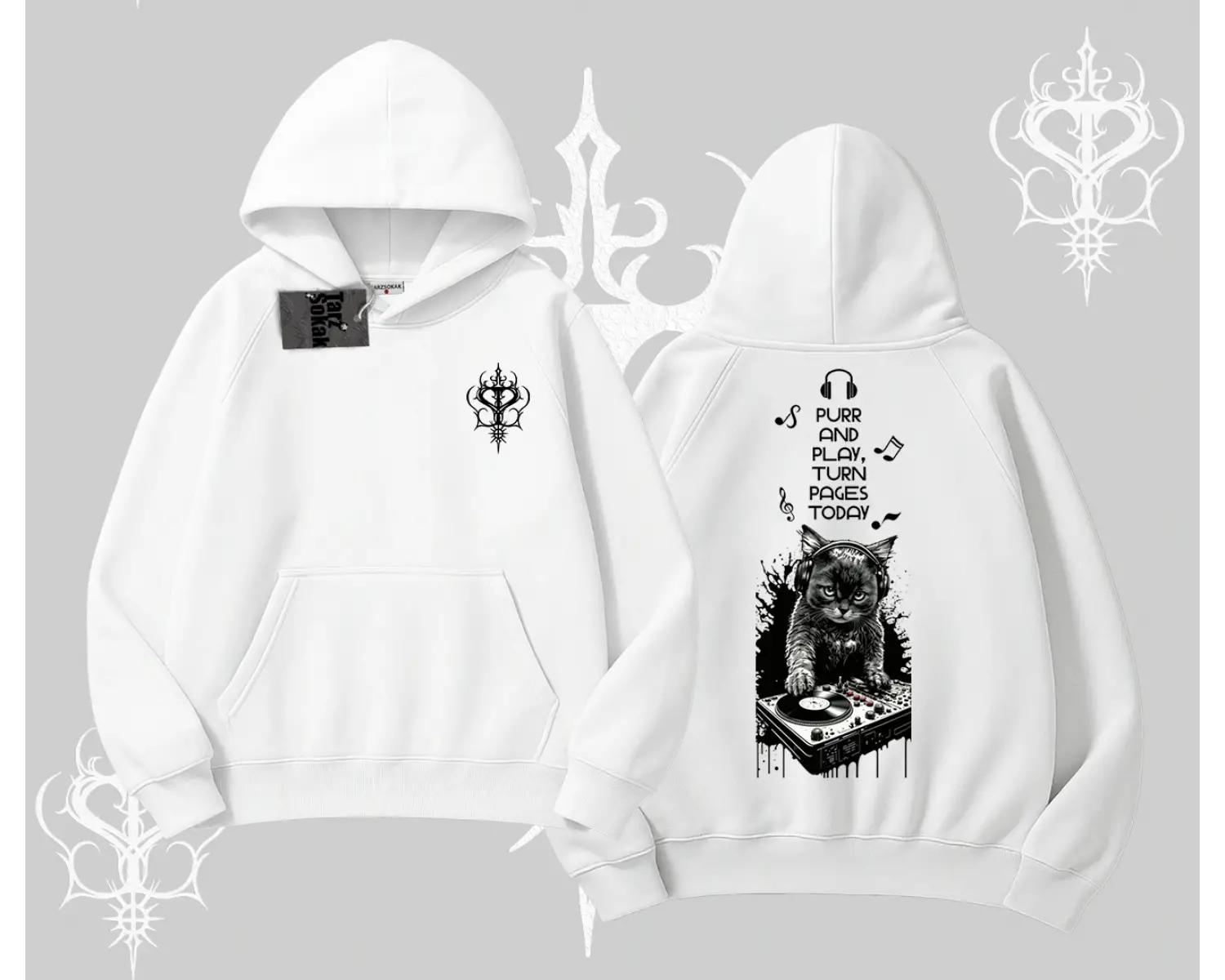 DJ Kedi Baskılı Müzik Temalı Kapşonlu Sweatshirt