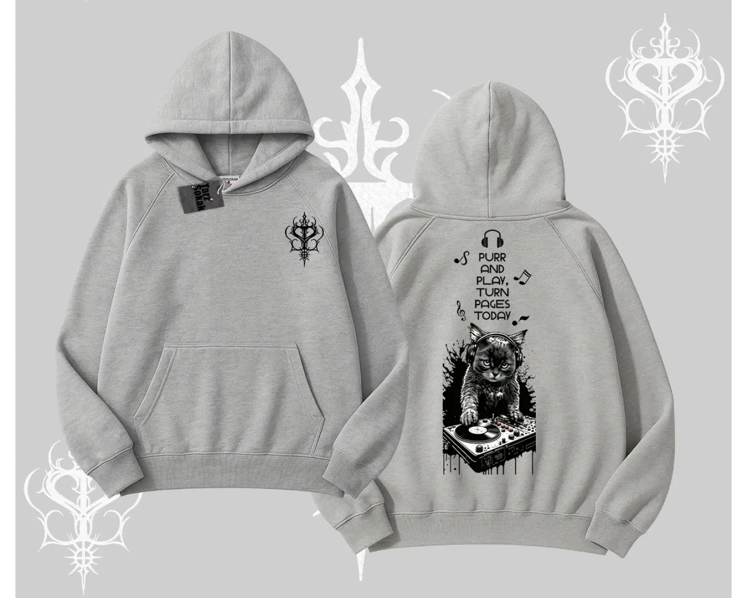 DJ Kedi Baskılı Müzik Temalı Kapşonlu Sweatshirt