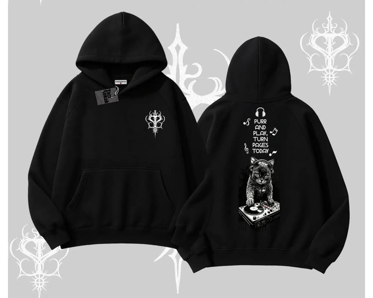 DJ Kedi Baskılı Müzik Temalı Kapşonlu Sweatshirt