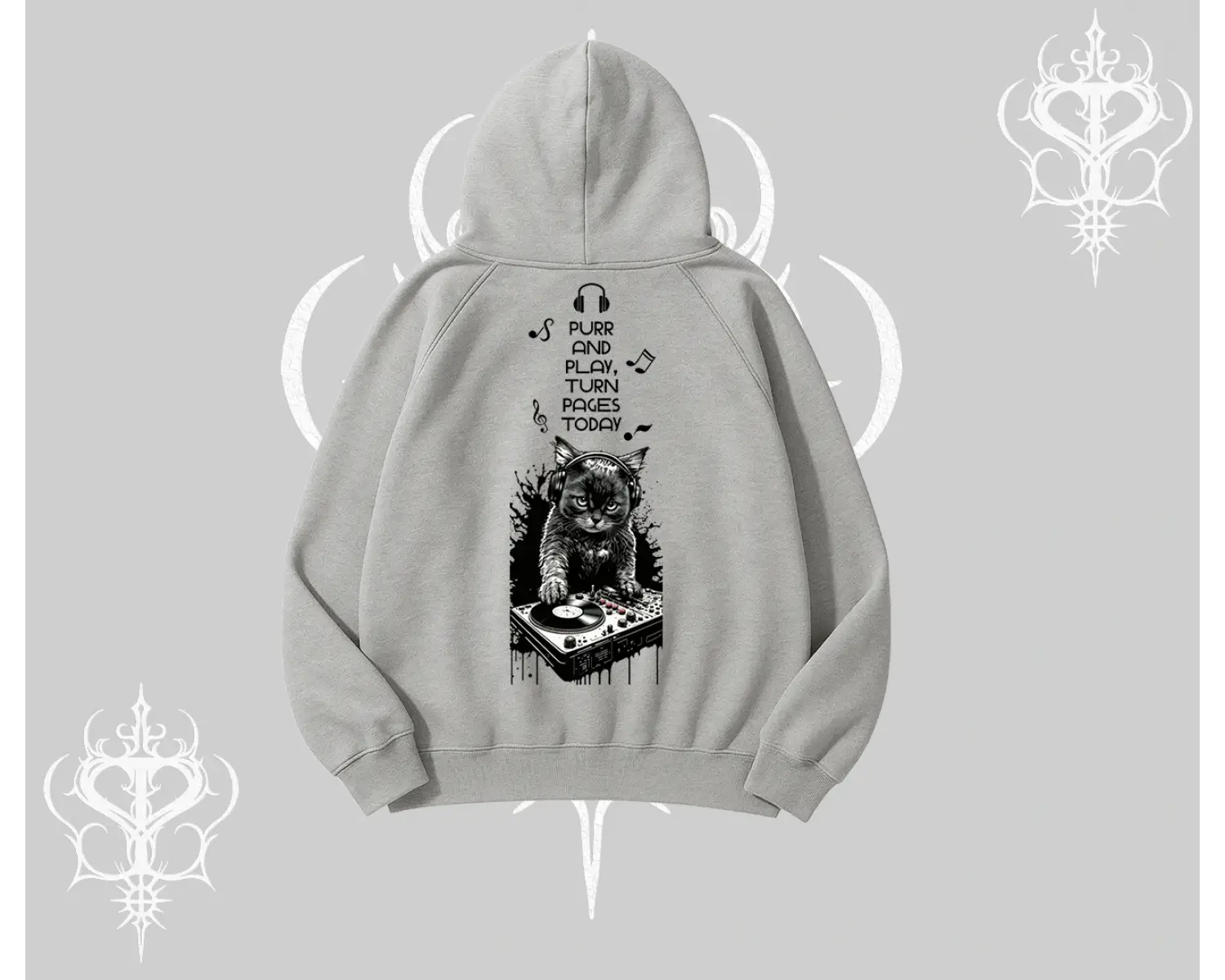 DJ Kedi Baskılı Müzik Temalı Kapşonlu Sweatshirt