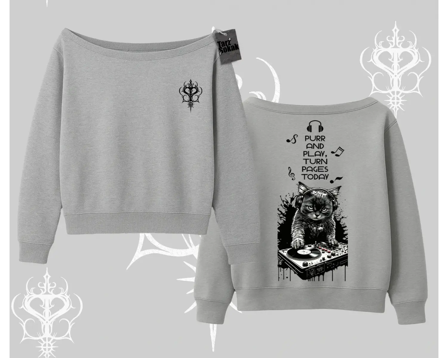 DJ Kedi Baskılı Müzik Temalı Kayık Yaka Sweatshirt
