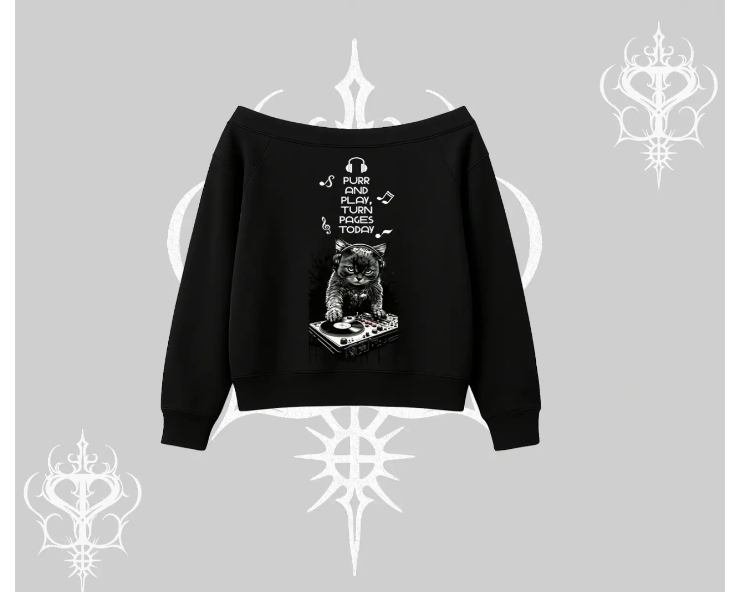 DJ Kedi Baskılı Müzik Temalı Kayık Yaka Sweatshirt