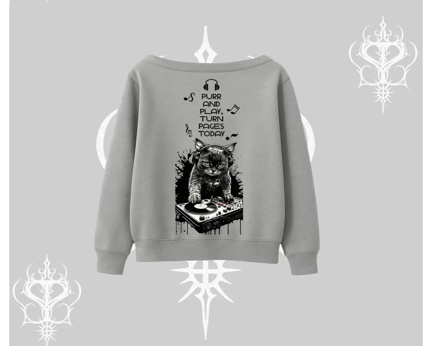 DJ Kedi Baskılı Müzik Temalı Kayık Yaka Sweatshirt