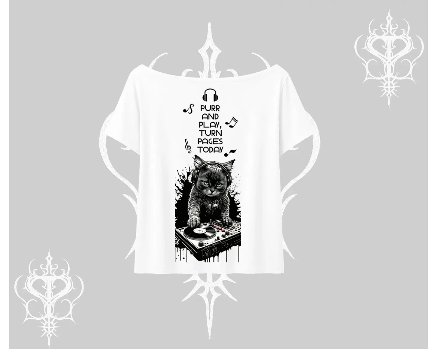 DJ Kedi Baskılı Müzik Temalı Kayık Yaka Tshirt