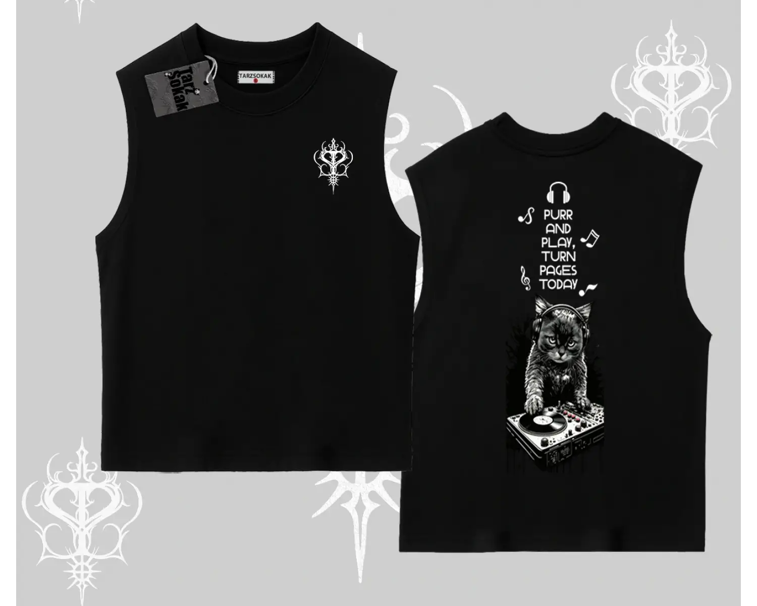 DJ Kedi Baskılı Müzik Temalı Kolsuz Tshirt