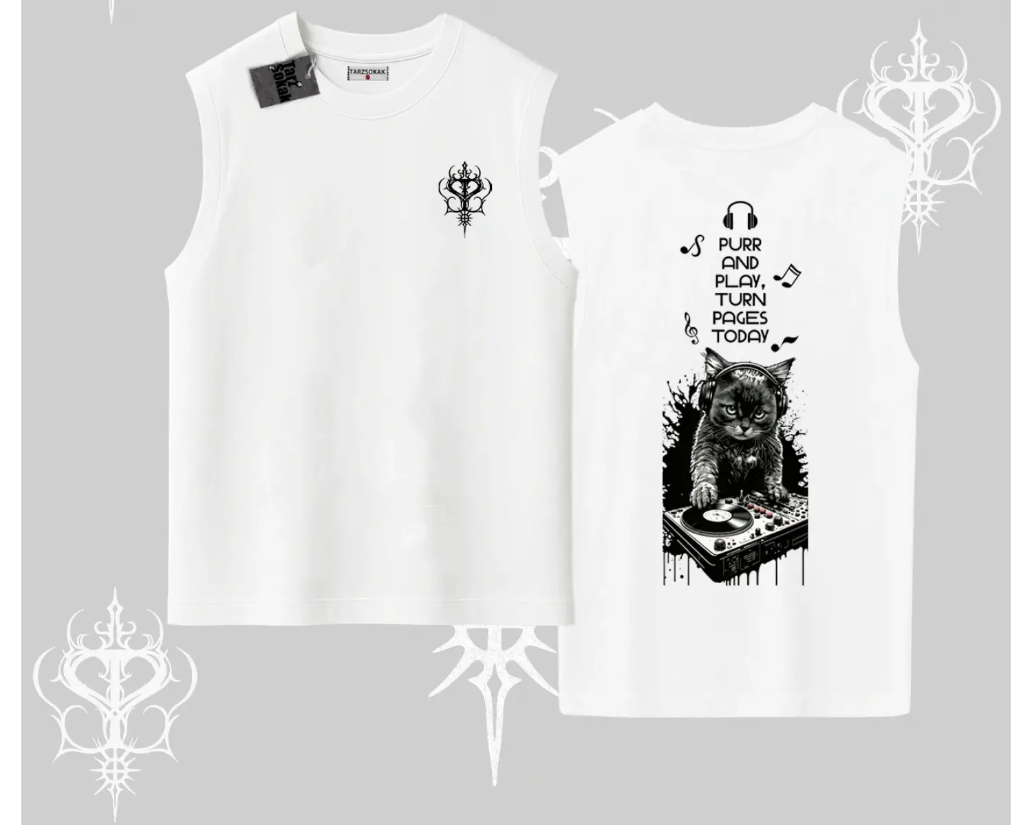 DJ Kedi Baskılı Müzik Temalı Kolsuz Tshirt