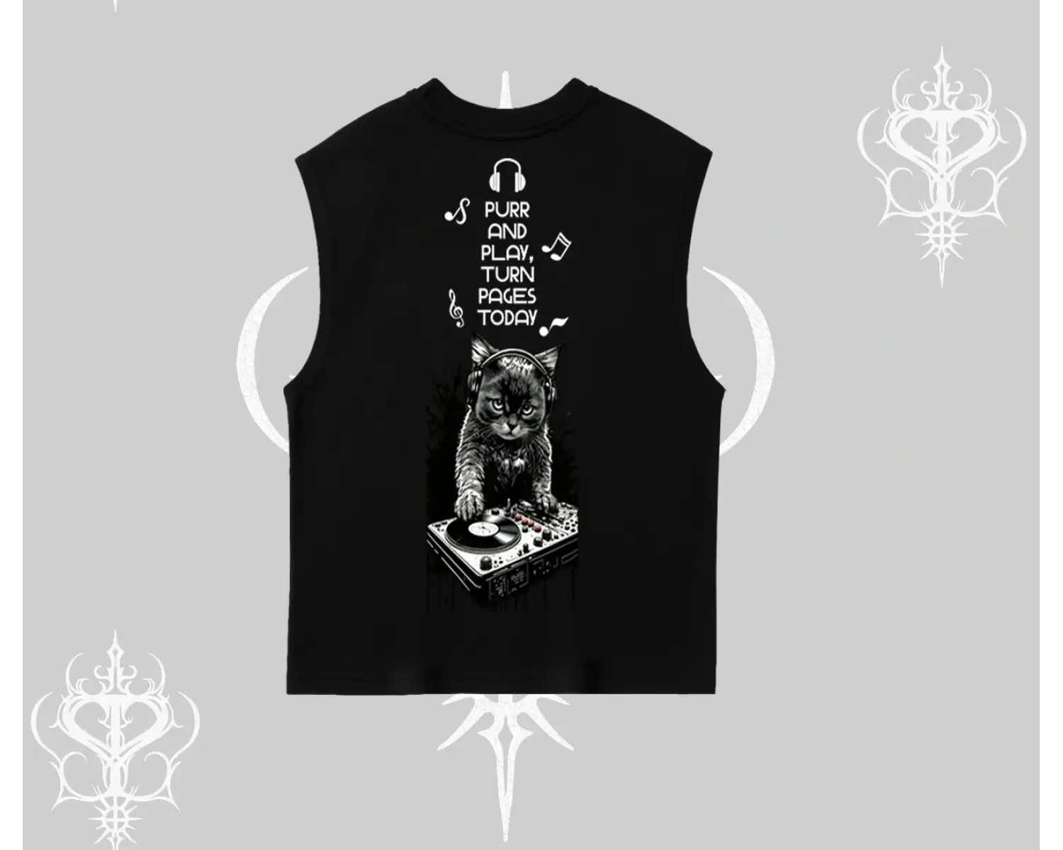 DJ Kedi Baskılı Müzik Temalı Kolsuz Tshirt