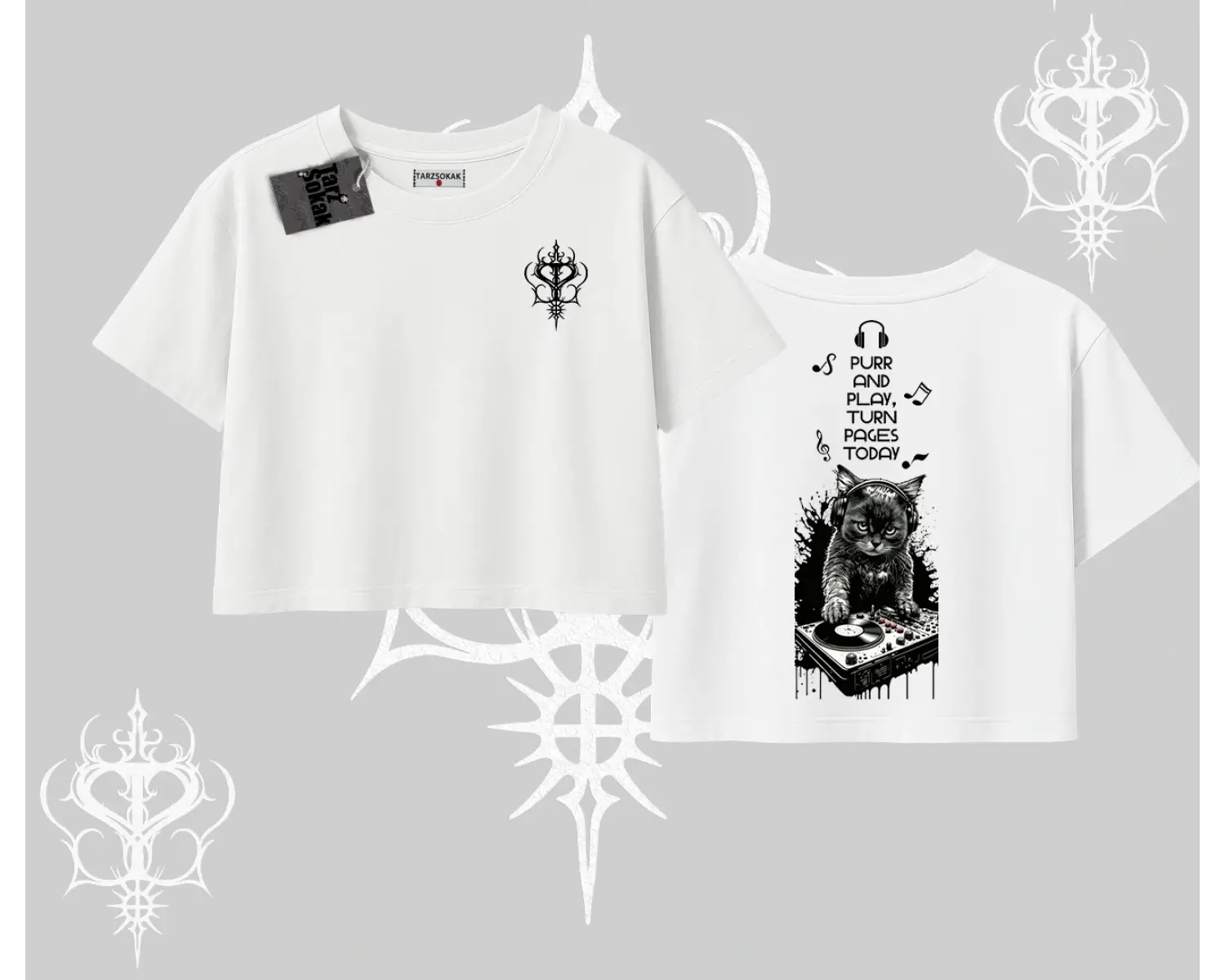 DJ Kedi Baskılı Müzik Temalı Oversize Crop Tshirt