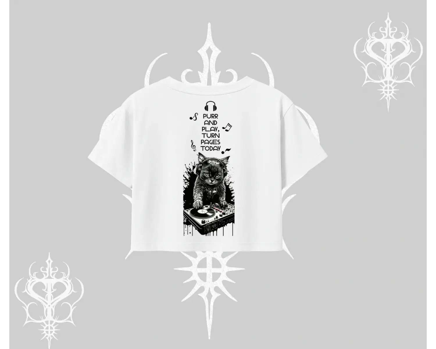 DJ Kedi Baskılı Müzik Temalı Oversize Crop Tshirt