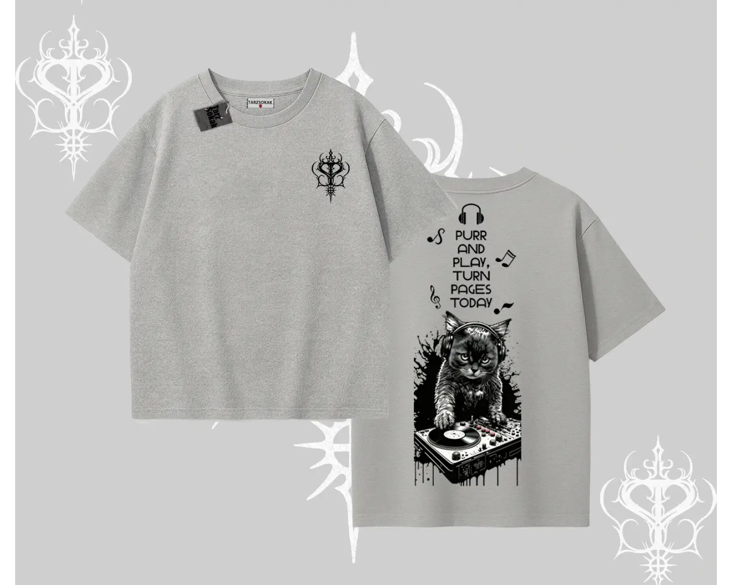 DJ Kedi Baskılı Müzik Temalı Oversize Tshirt