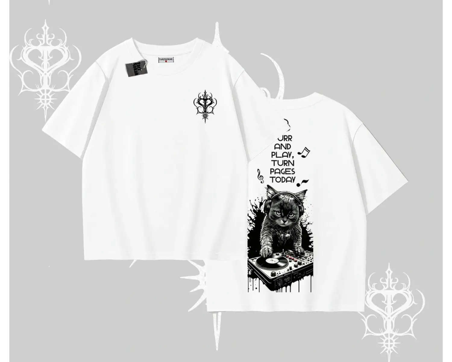 DJ Kedi Baskılı Müzik Temalı Oversize Tshirt