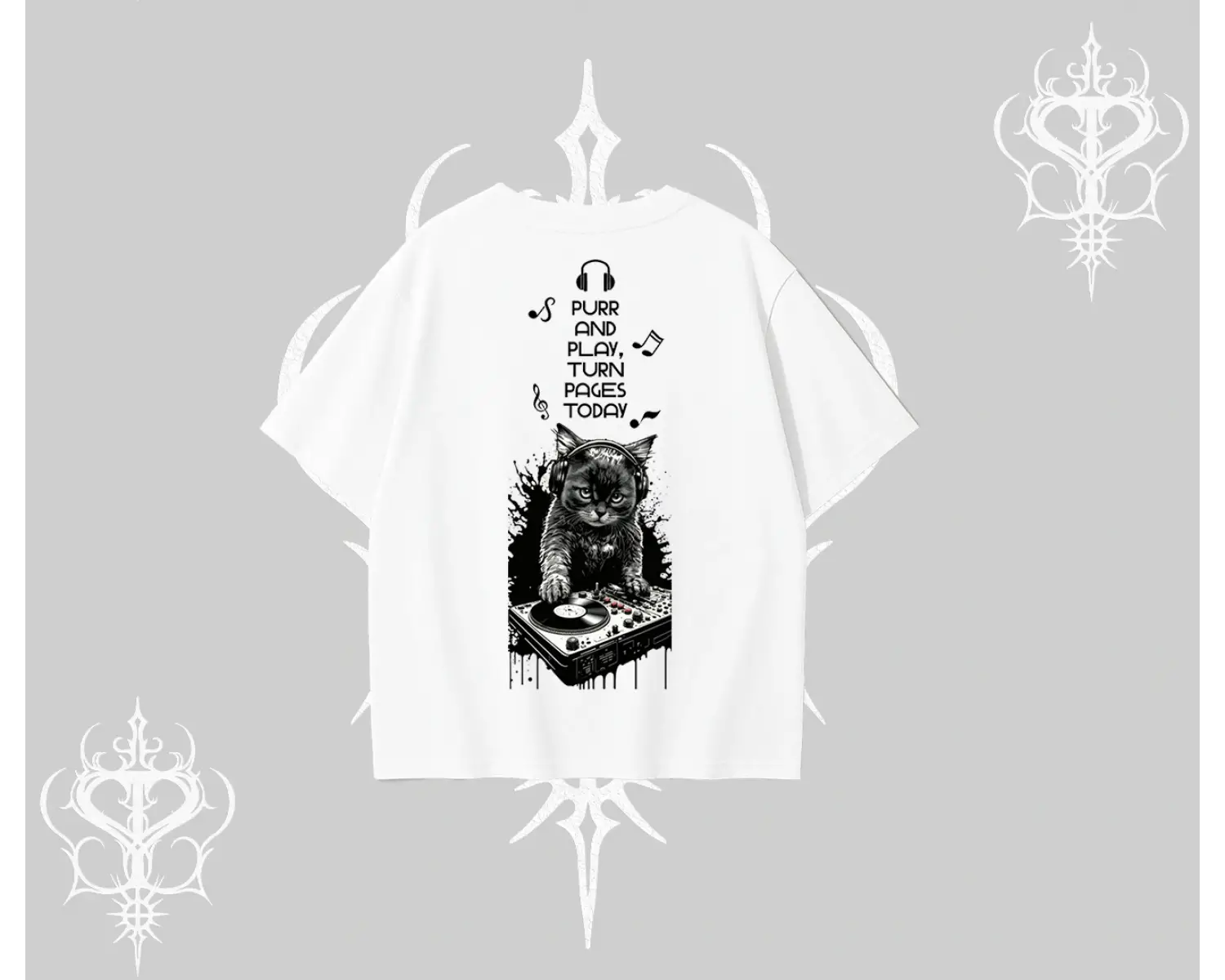 DJ Kedi Baskılı Müzik Temalı Oversize Tshirt