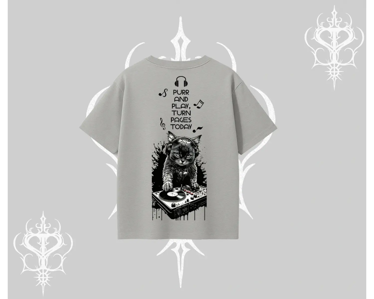 DJ Kedi Baskılı Müzik Temalı Oversize Tshirt