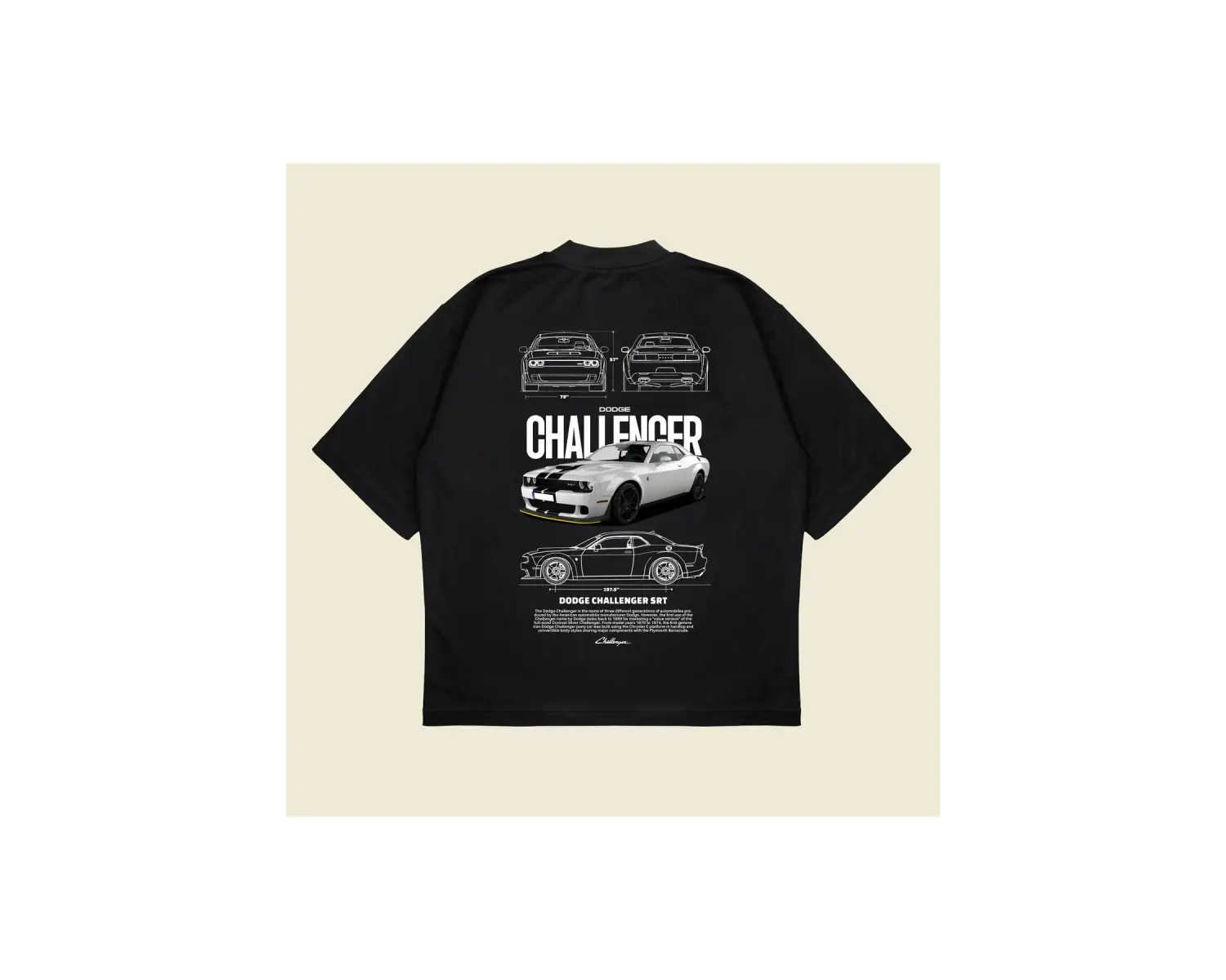 Dodge Challenger Baskılı Oversize Unisex Pamuklu Nefes Alan Kalın Kumaşlı