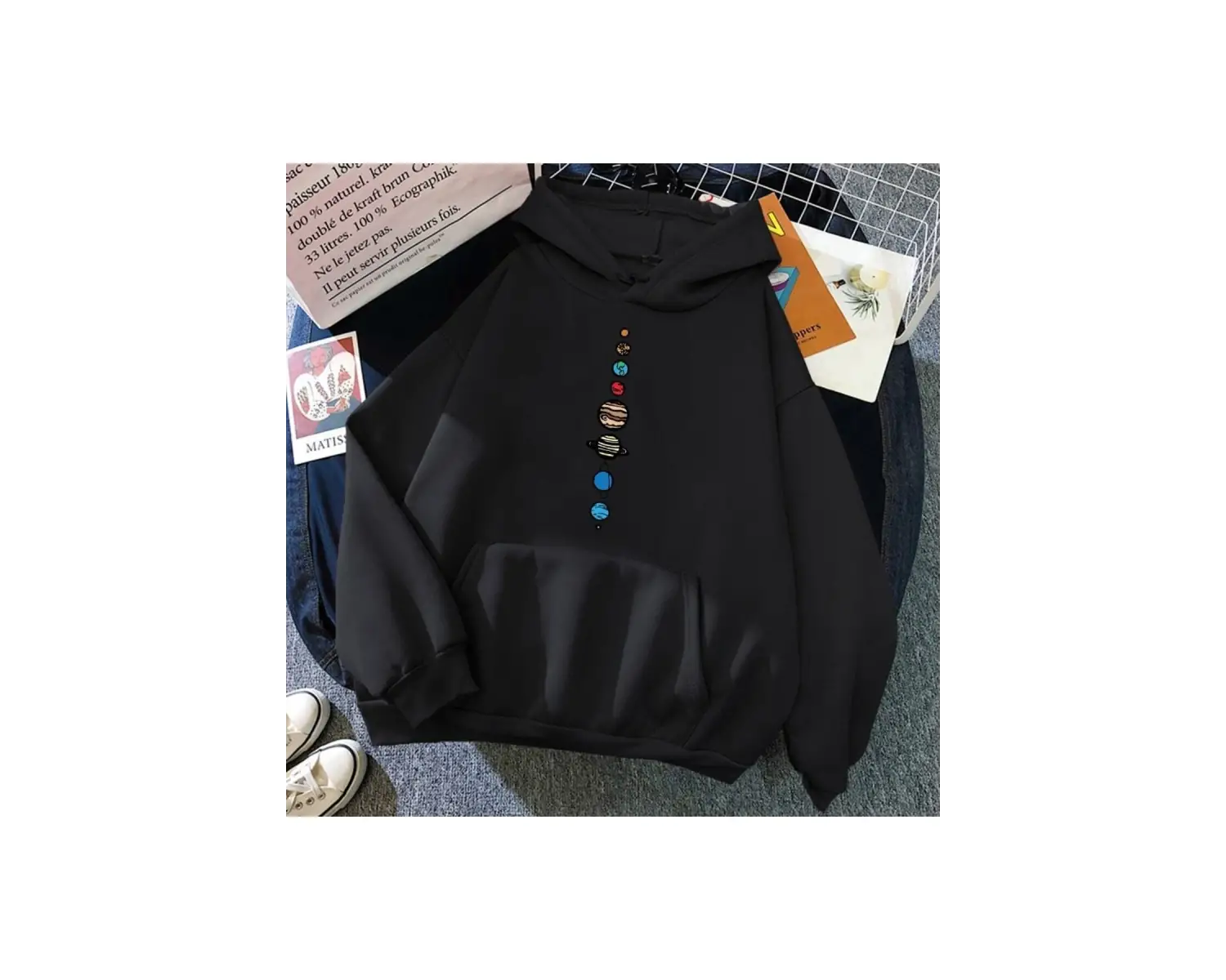 Dokuz Gezegen Evren Güneş Sistemi Kapüşonlu Hoodie 15146 Siyah