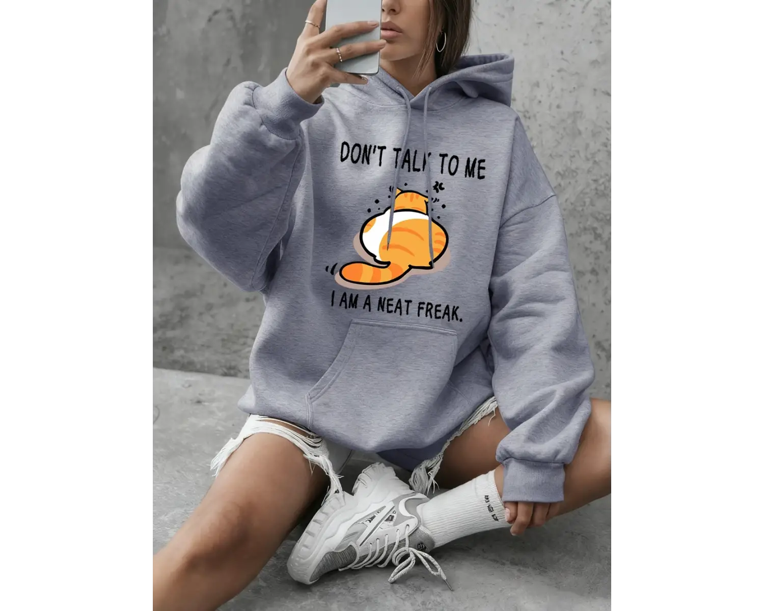 Dont Talk To Me Cat Baskılı Kapüşonlu Üstler Kadın Temel Ürünleri Bisiklet Yaka Tişörtü Günl