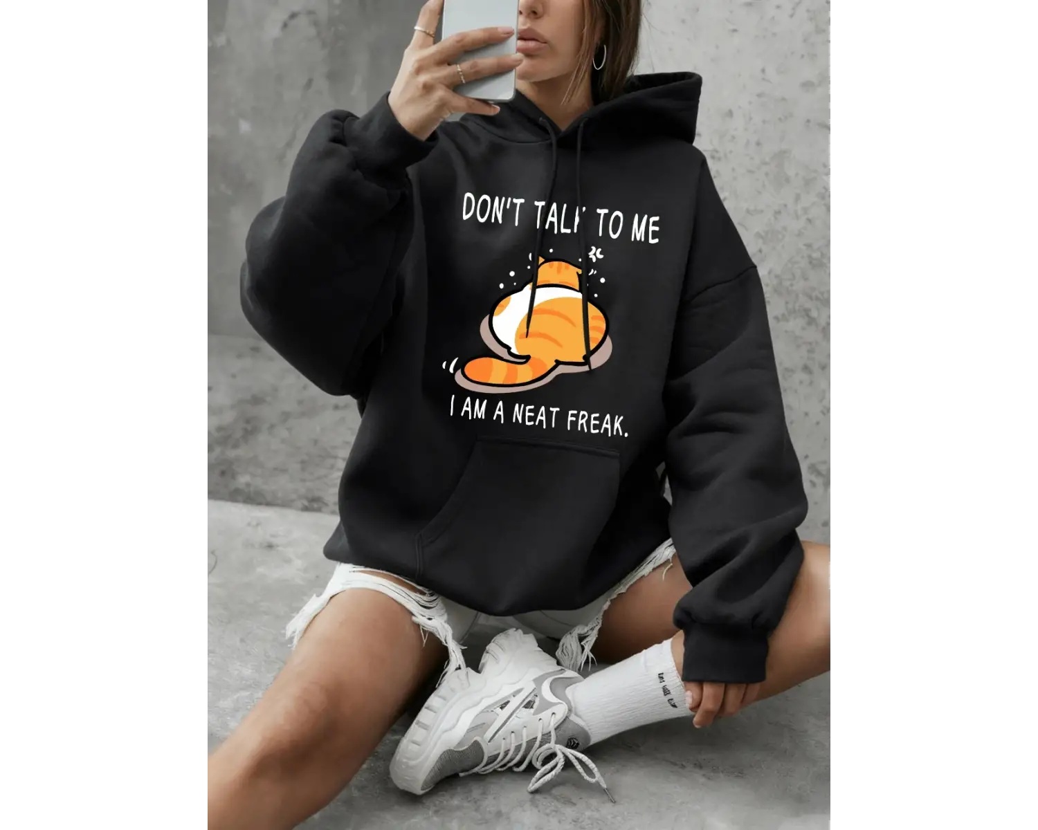 Dont Talk To Me Cat Baskılı Kapüşonlu Üstler Kadın Temel Ürünleri Bisiklet Yaka Tişörtü Günl