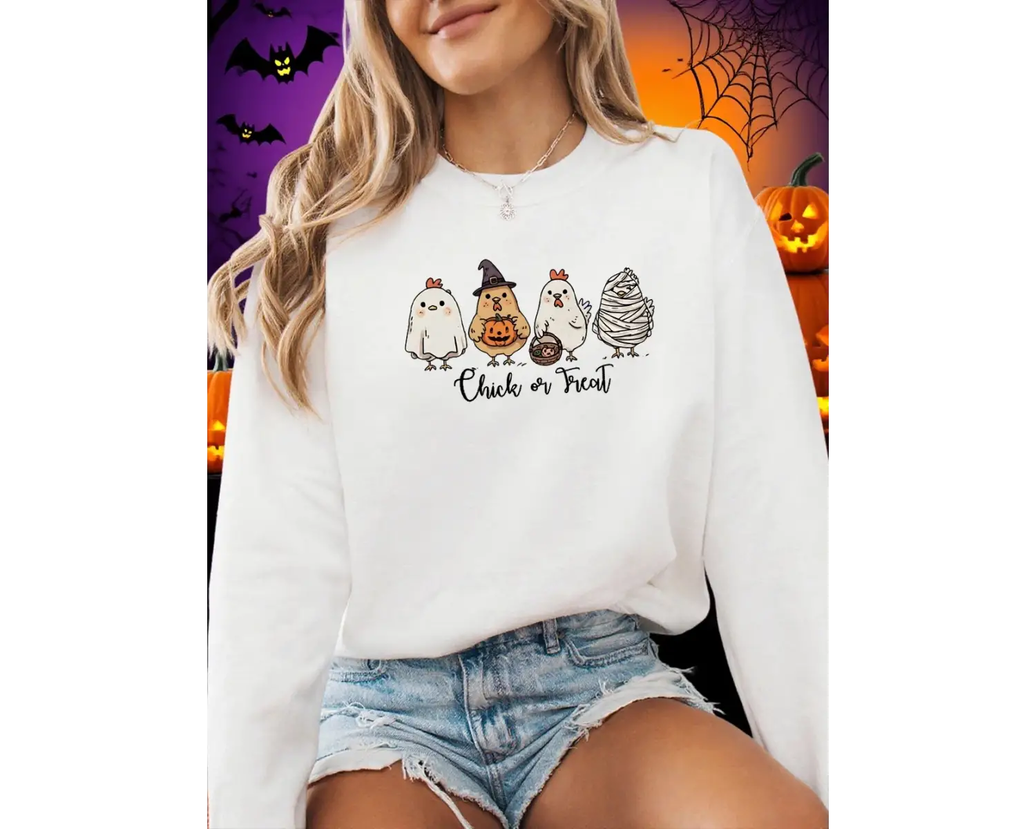 Dört Farklı Şekilli Civciv Baskılar Cadılar Bayramı Kazak Kadın Kış Polar Hoodie Crewneck Gev