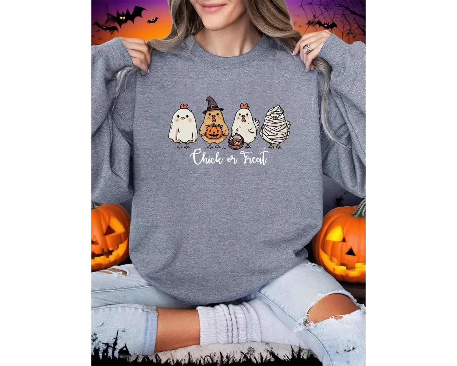 Dört Farklı Şekilli Civciv Baskılar Cadılar Bayramı Kazak Kadın Kış Polar Hoodie Crewneck Gev