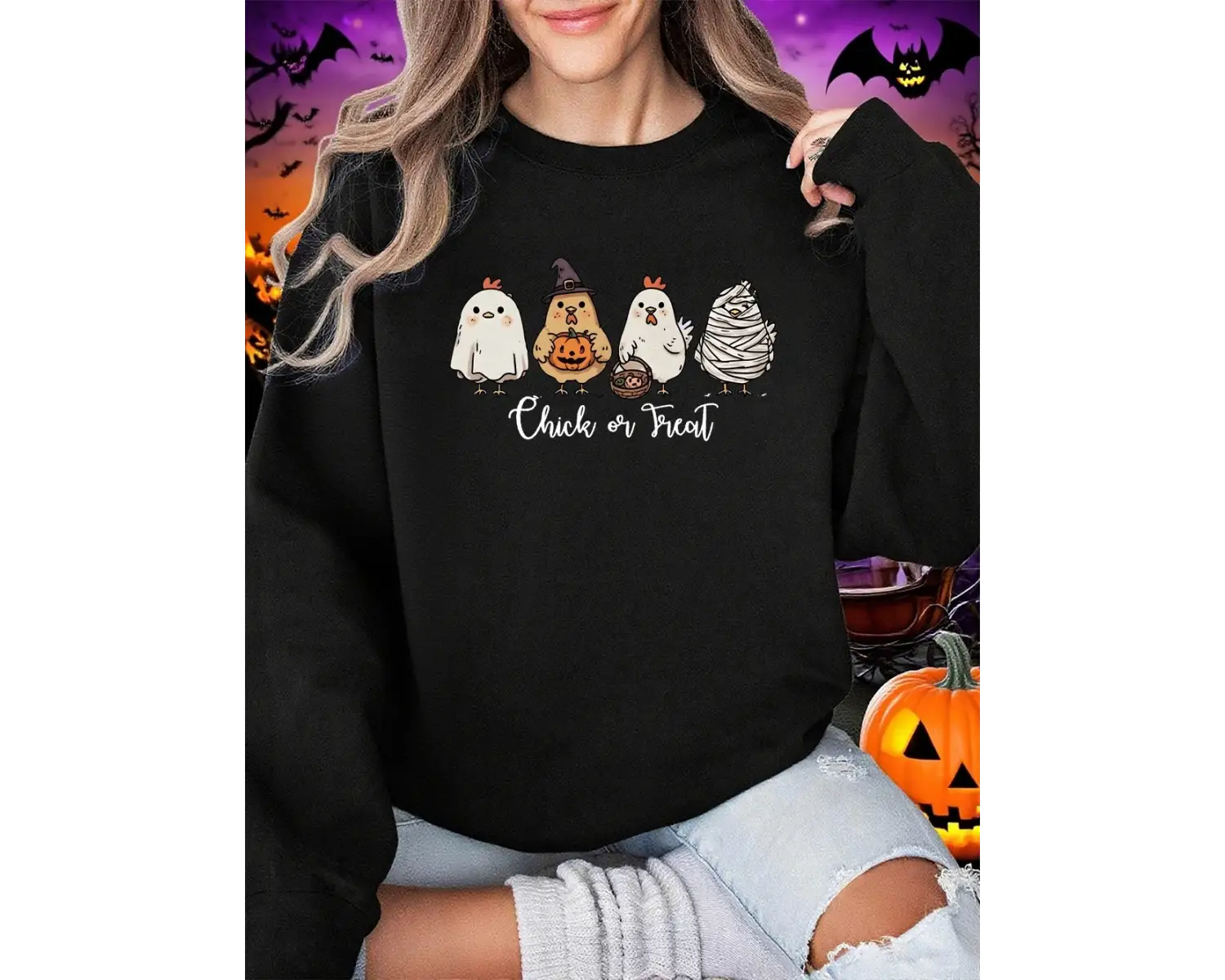 Dört Farklı Şekilli Civciv Baskılar Cadılar Bayramı Kazak Kadın Kış Polar Hoodie Crewneck Gev