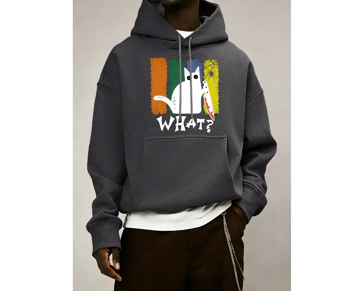 Doubtful Cat Handing Knife Desenli Erkek Sokak Modası Temel Kapüşonlu Üstler Günlük Kombinlen