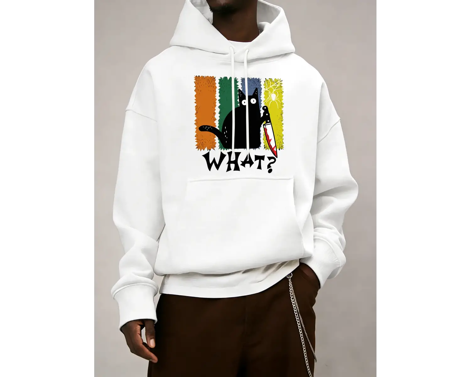 Doubtful Cat Handing Knife Desenli Erkek Sokak Modası Temel Kapüşonlu Üstler Günlük Kombinlen