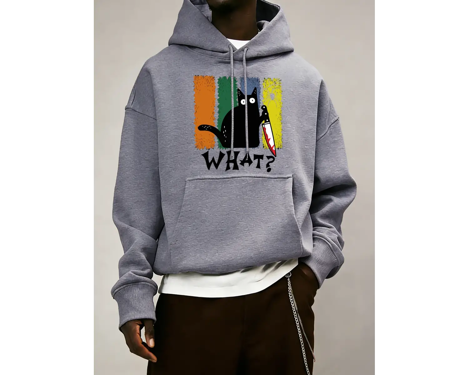 Doubtful Cat Handing Knife Desenli Erkek Sokak Modası Temel Kapüşonlu Üstler Günlük Kombinlen
