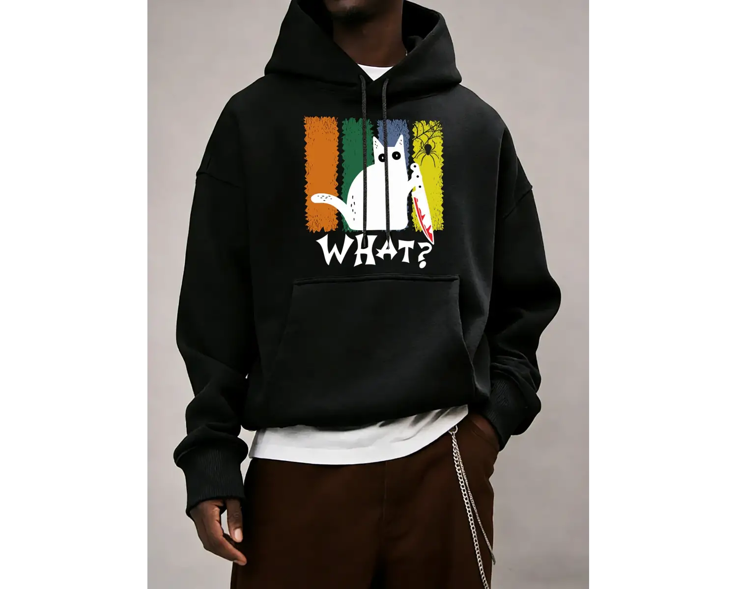 Doubtful Cat Handing Knife Desenli Erkek Sokak Modası Temel Kapüşonlu Üstler Günlük Kombinlen