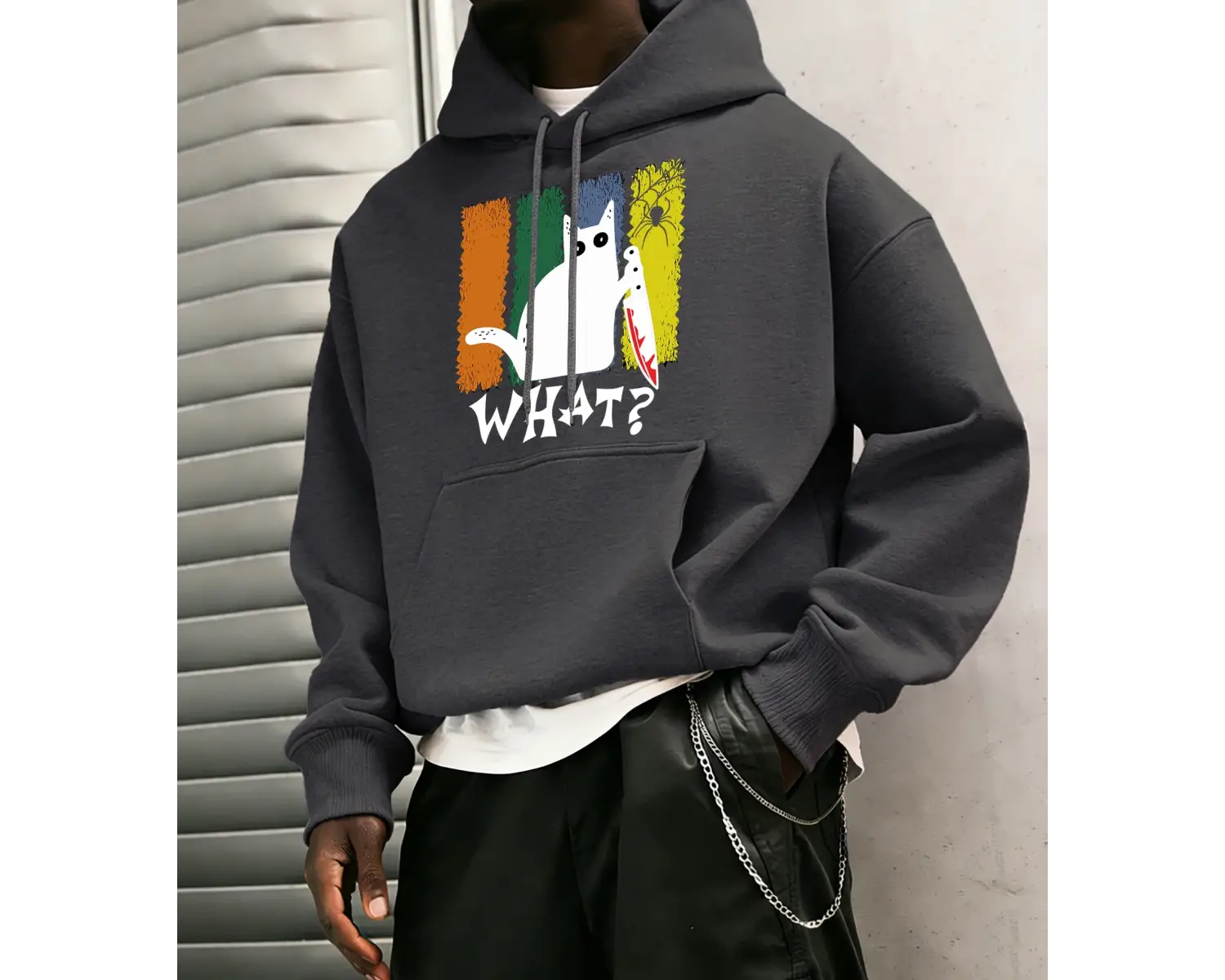 Doubtful Cat Handing Knife Prints Casual Warm Hoody Men Trendy Loose Sweatshirts Basic Simple