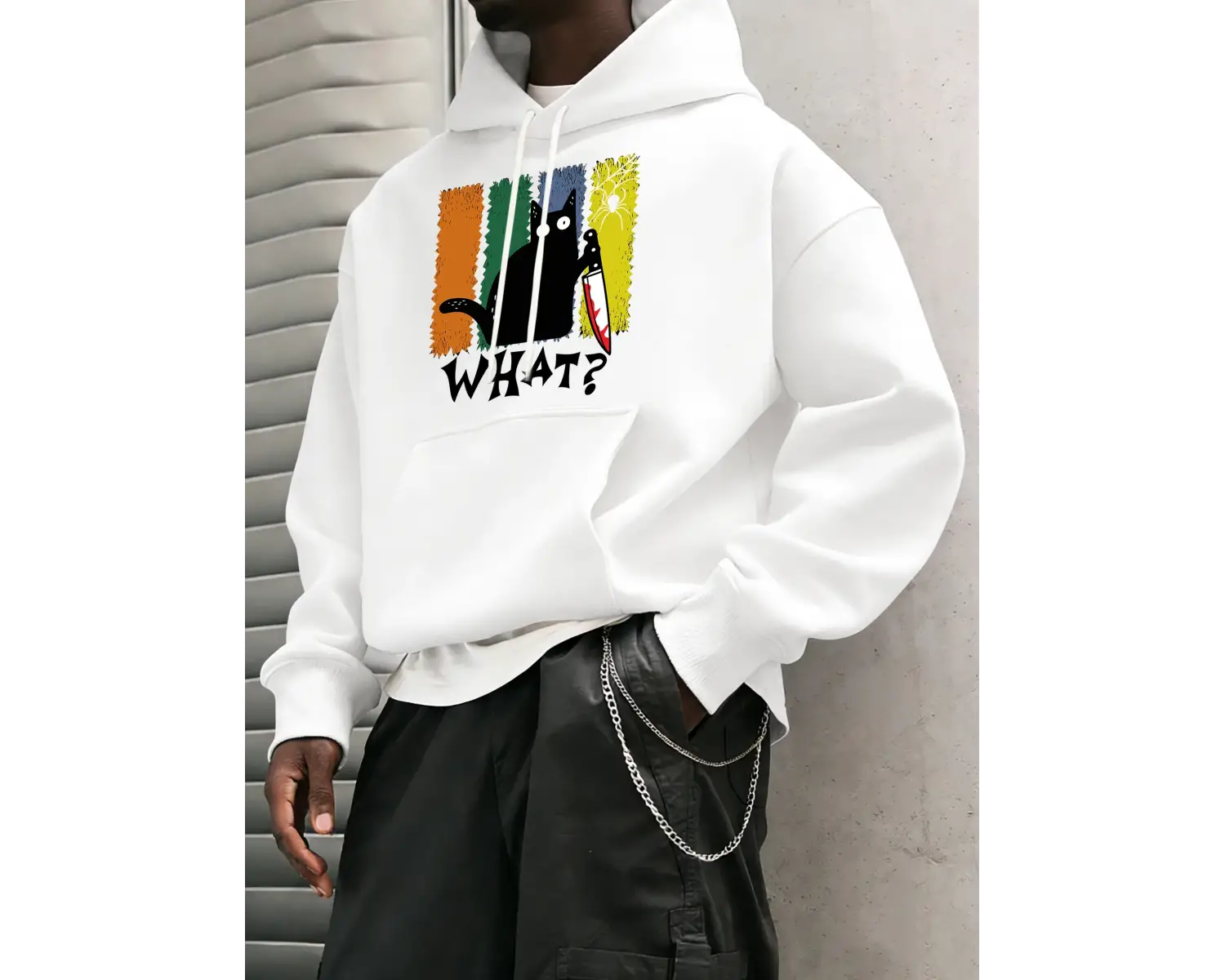 Doubtful Cat Handing Knife Prints Casual Warm Hoody Men Trendy Loose Sweatshirts Basic Simple