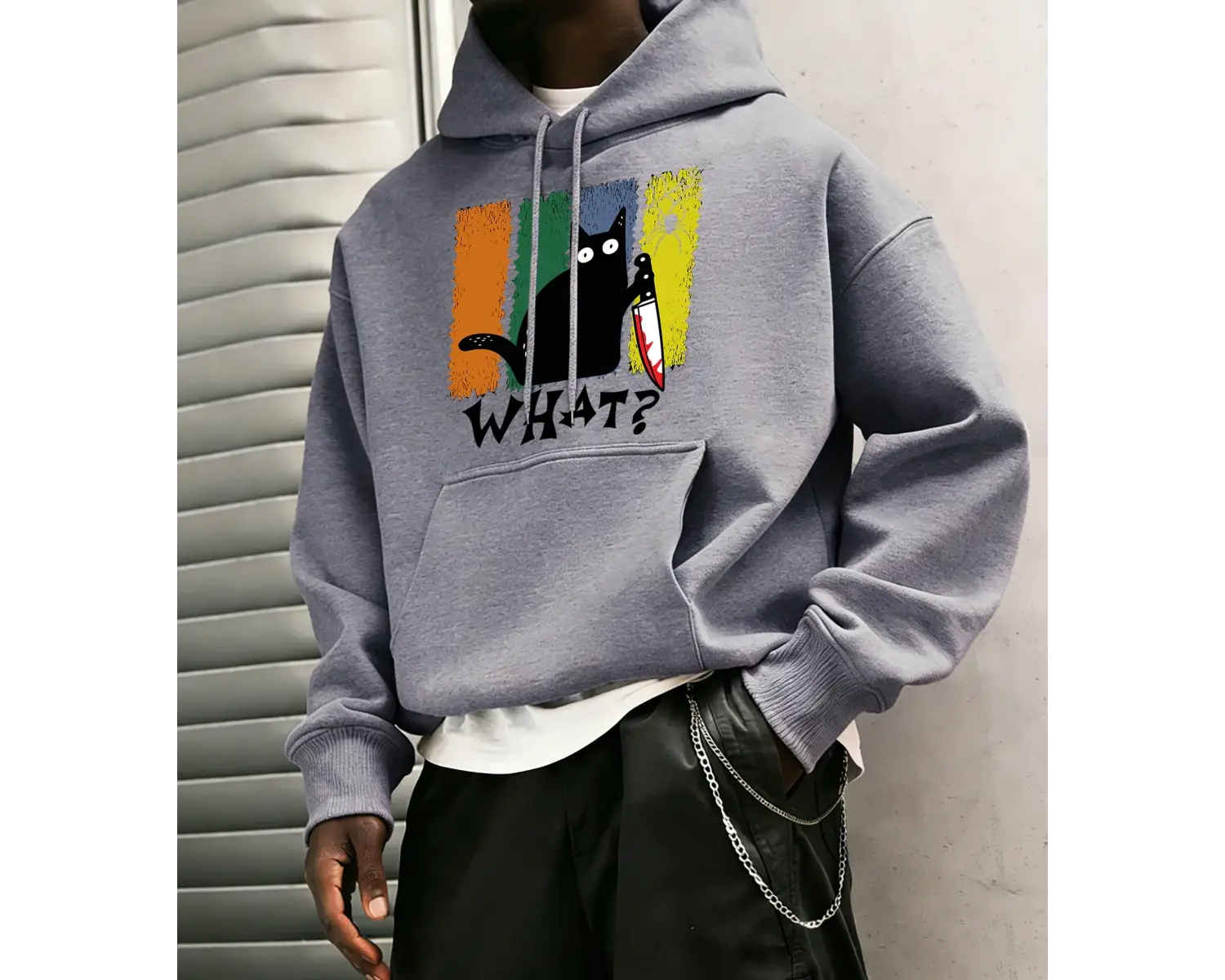 Doubtful Cat Handing Knife Prints Casual Warm Hoody Men Trendy Loose Sweatshirts Basic Simple