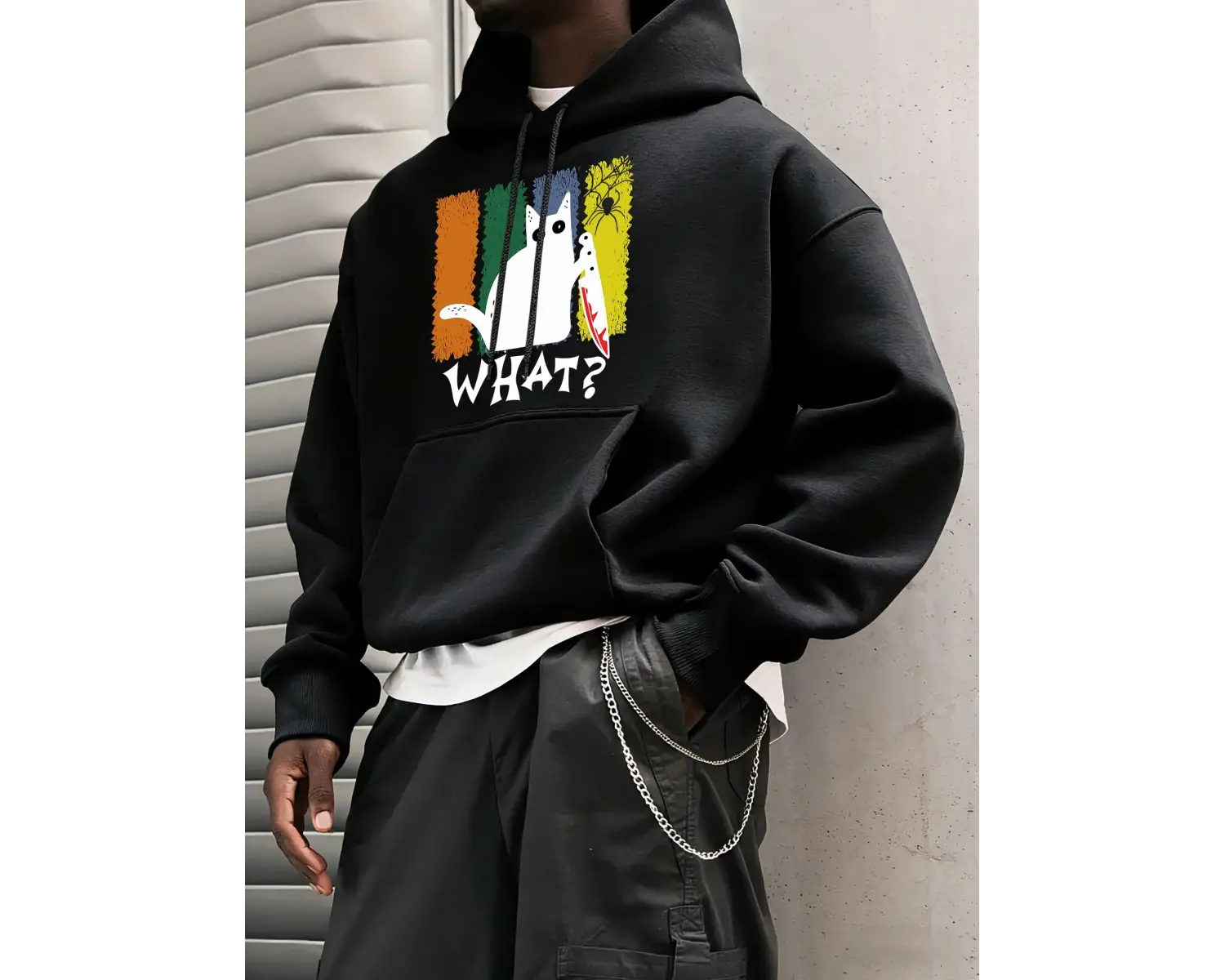 Doubtful Cat Handing Knife Prints Casual Warm Hoody Men Trendy Loose Sweatshirts Basic Simple