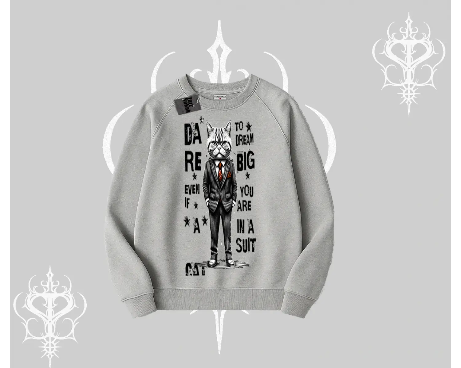 Dream Big Yazılı Takım Elbiseli Kedi Baskılı Biskilet Sweatshirt