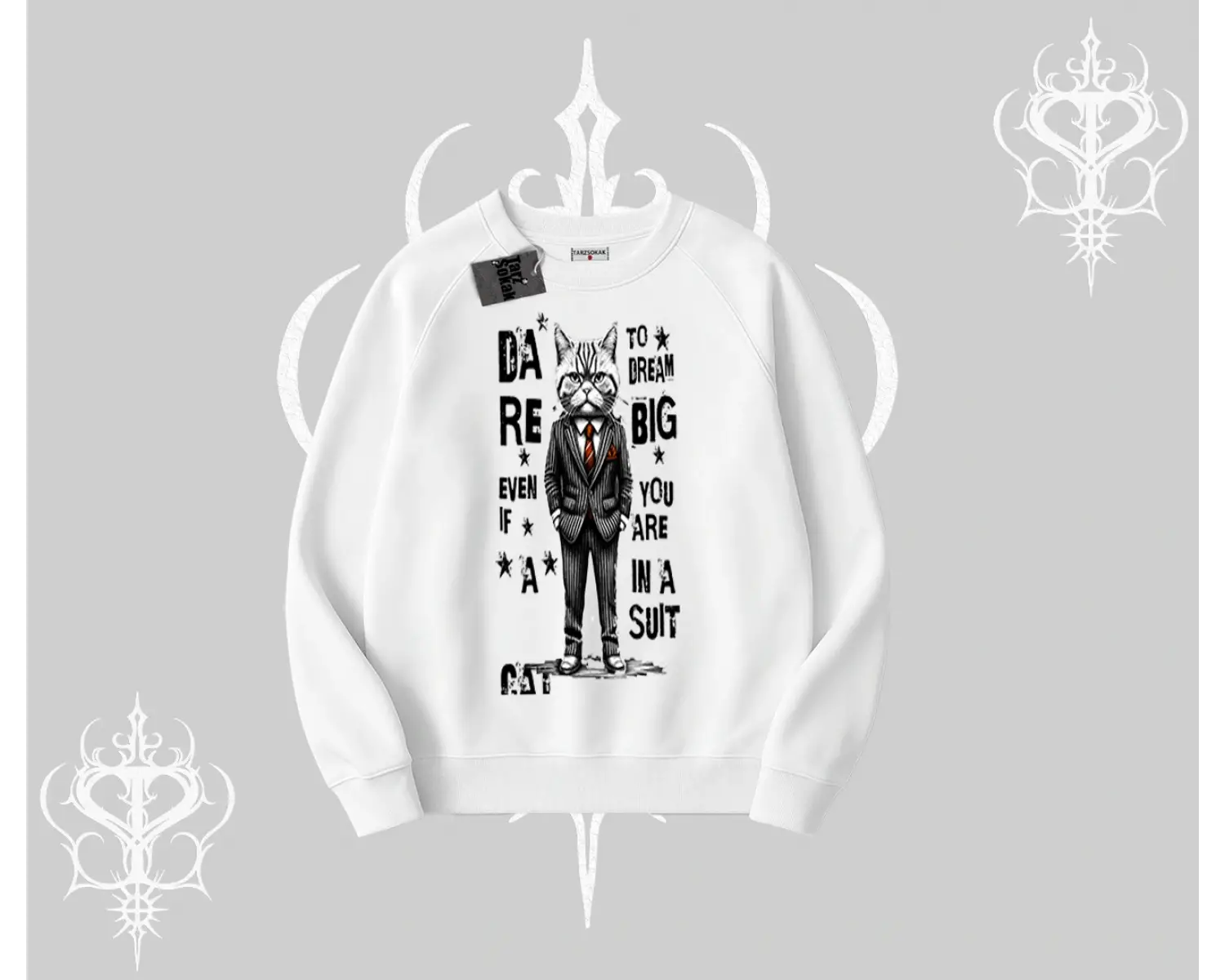 Dream Big Yazılı Takım Elbiseli Kedi Baskılı Biskilet Sweatshirt