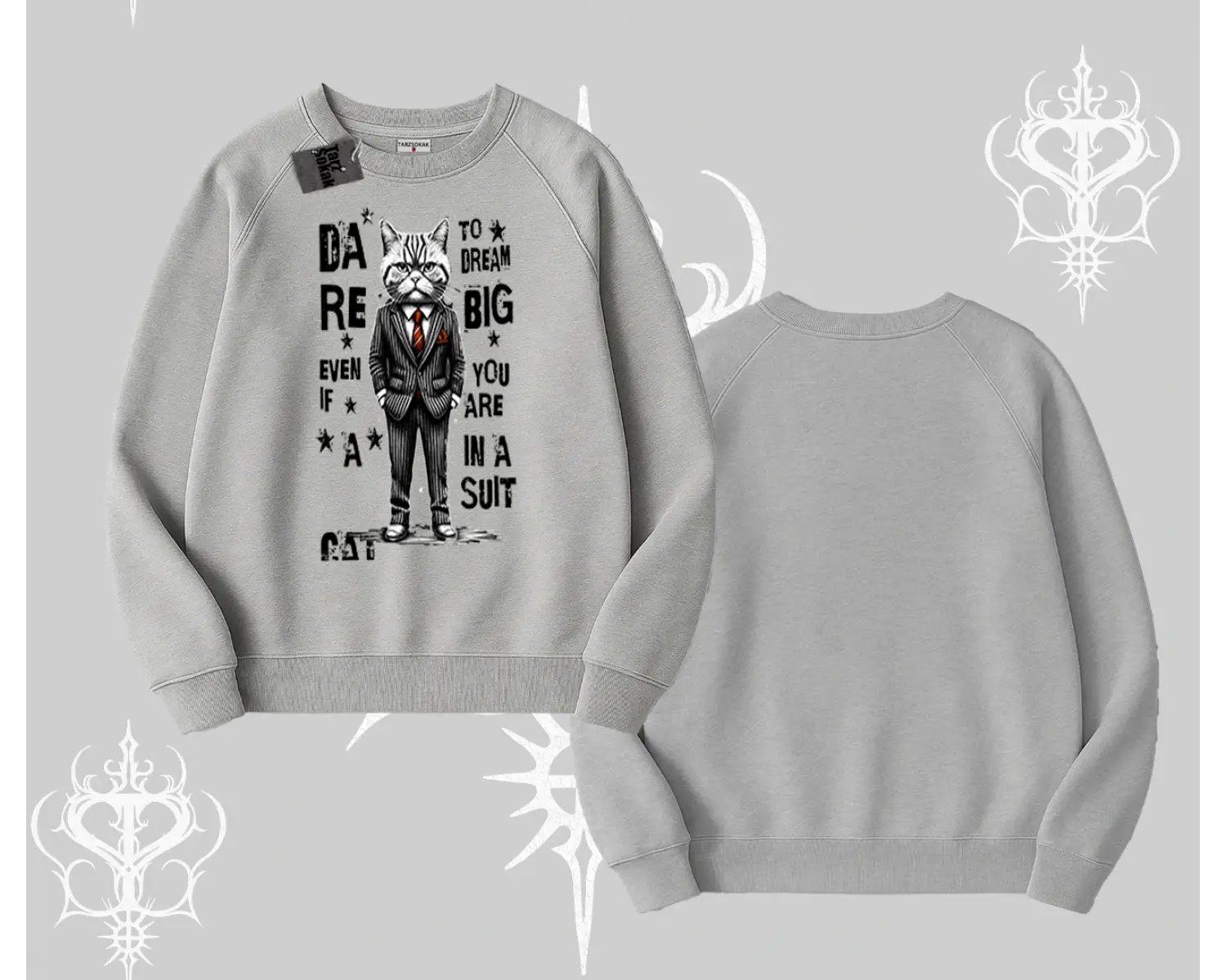 Dream Big Yazılı Takım Elbiseli Kedi Baskılı Biskilet Sweatshirt