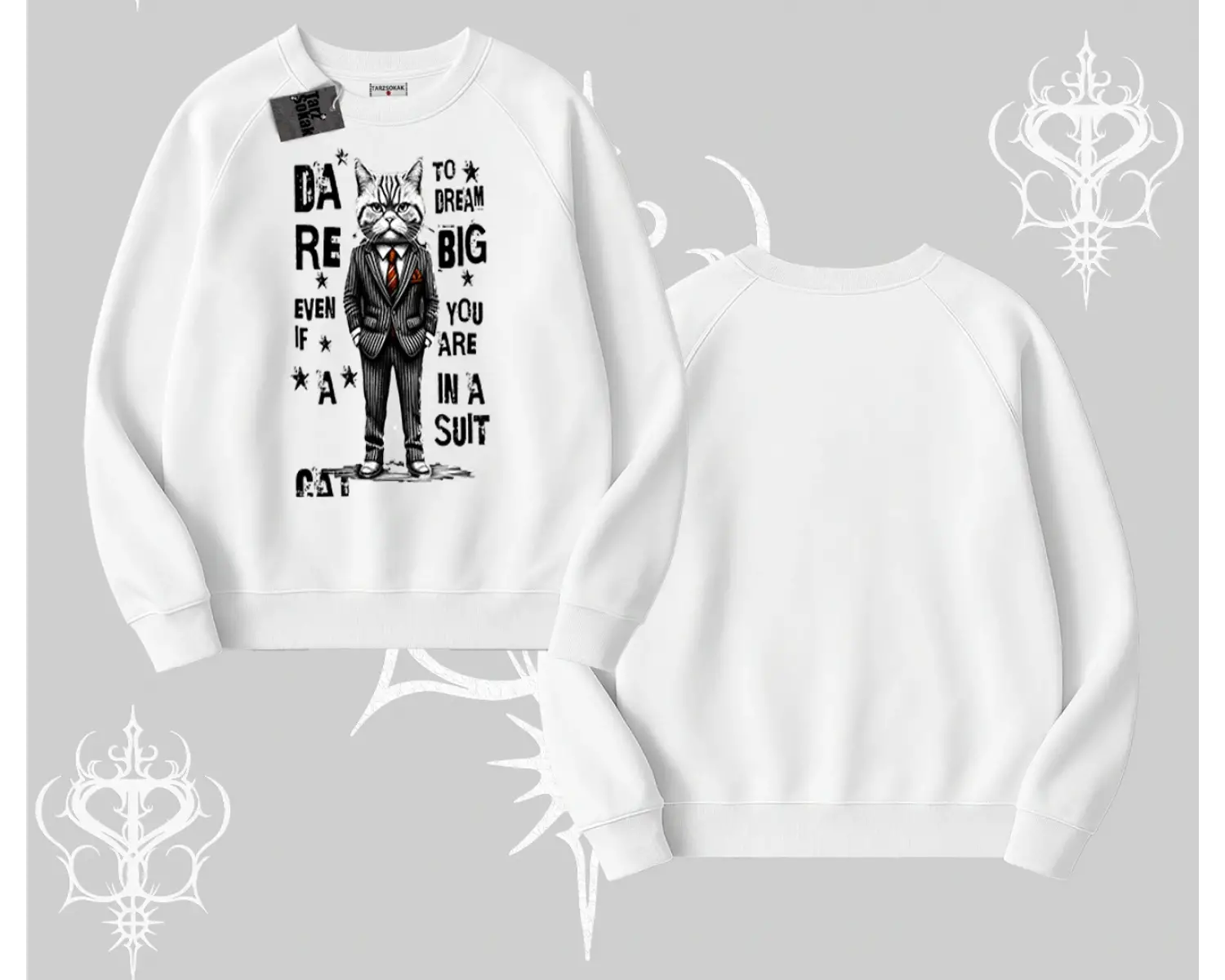 Dream Big Yazılı Takım Elbiseli Kedi Baskılı Biskilet Sweatshirt