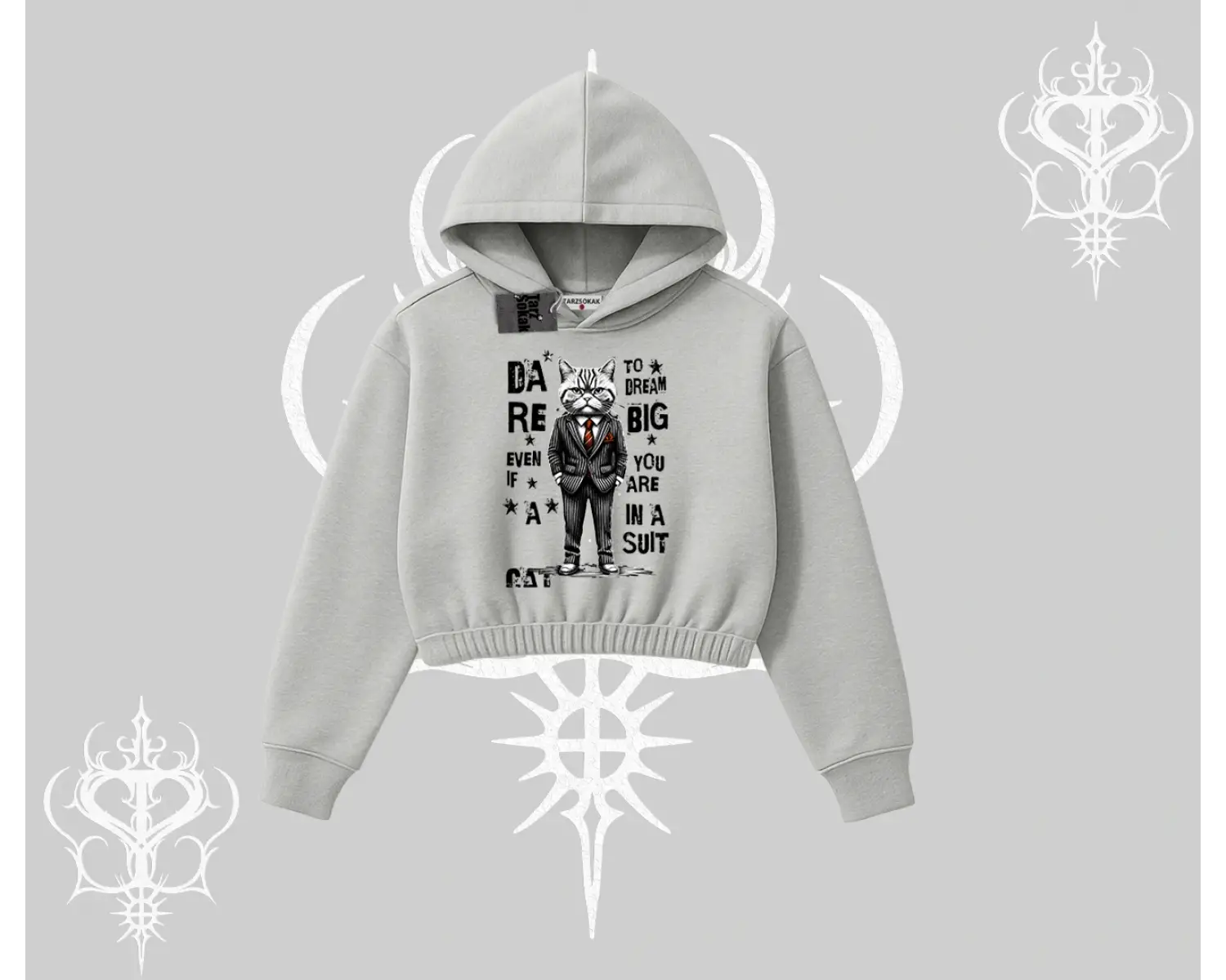 Dream Big Yazılı Takım Elbiseli Kedi Baskılı Kapşonlu Crop Sweatshirt