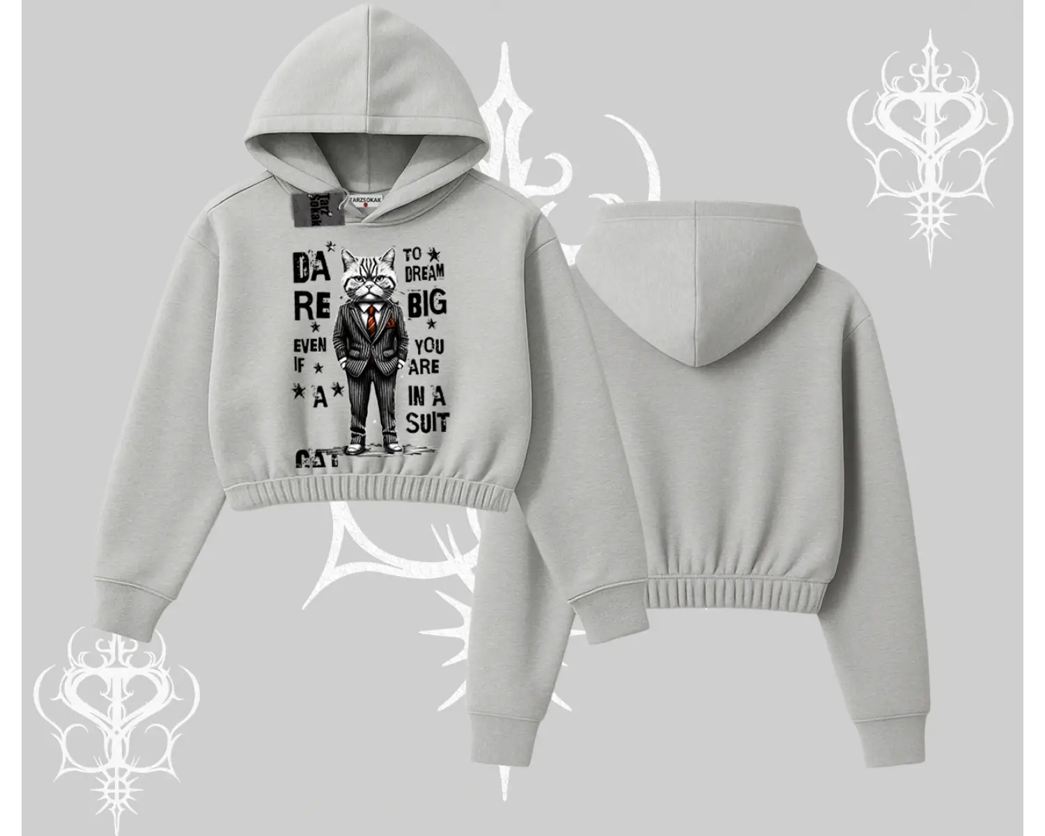 Dream Big Yazılı Takım Elbiseli Kedi Baskılı Kapşonlu Crop Sweatshirt