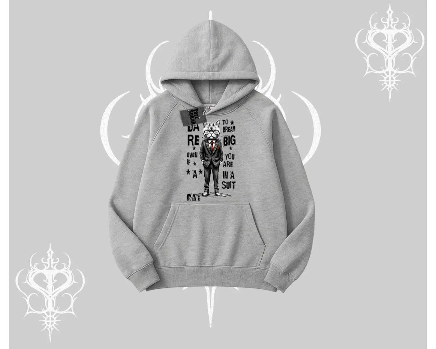 Dream Big Yazılı Takım Elbiseli Kedi Baskılı Kapşonlu Sweatshirt