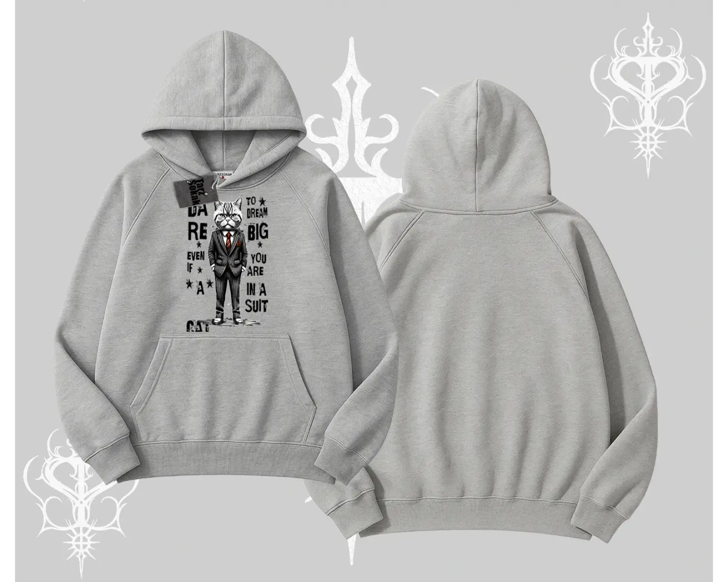 Dream Big Yazılı Takım Elbiseli Kedi Baskılı Kapşonlu Sweatshirt