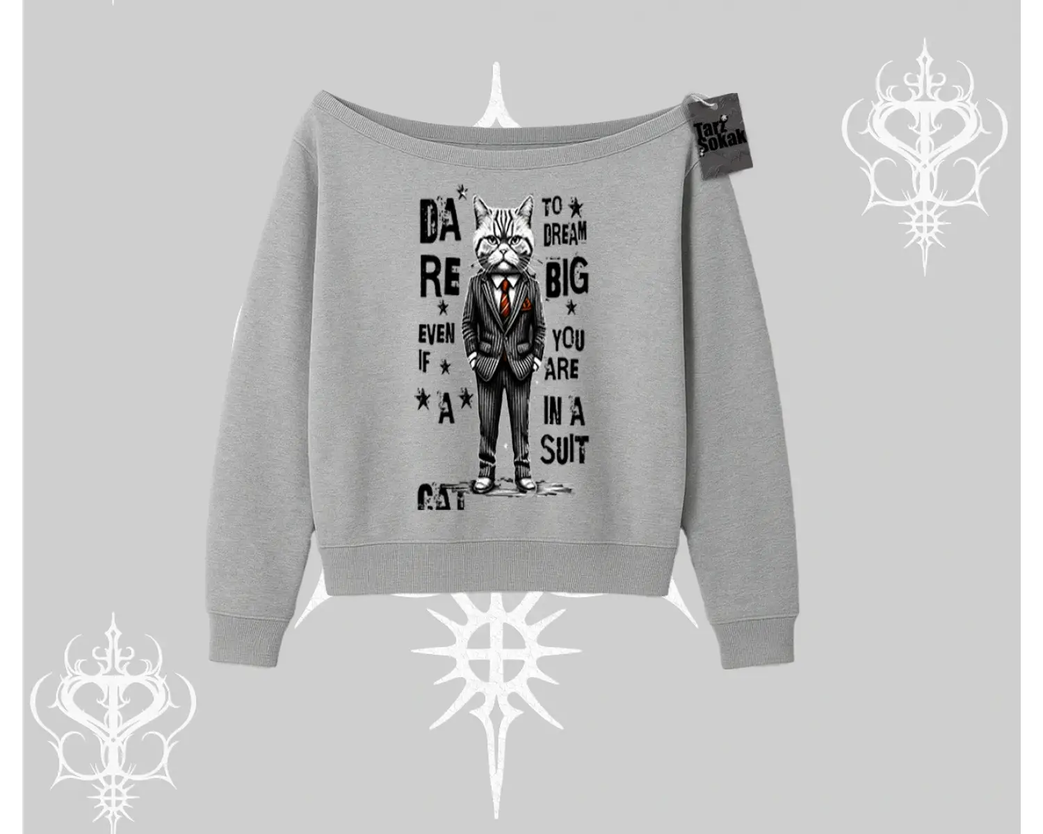 Dream Big Yazılı Takım Elbiseli Kedi Baskılı Kayık Yaka Sweatshirt