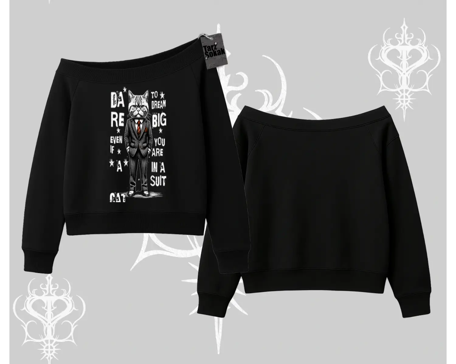 Dream Big Yazılı Takım Elbiseli Kedi Baskılı Kayık Yaka Sweatshirt