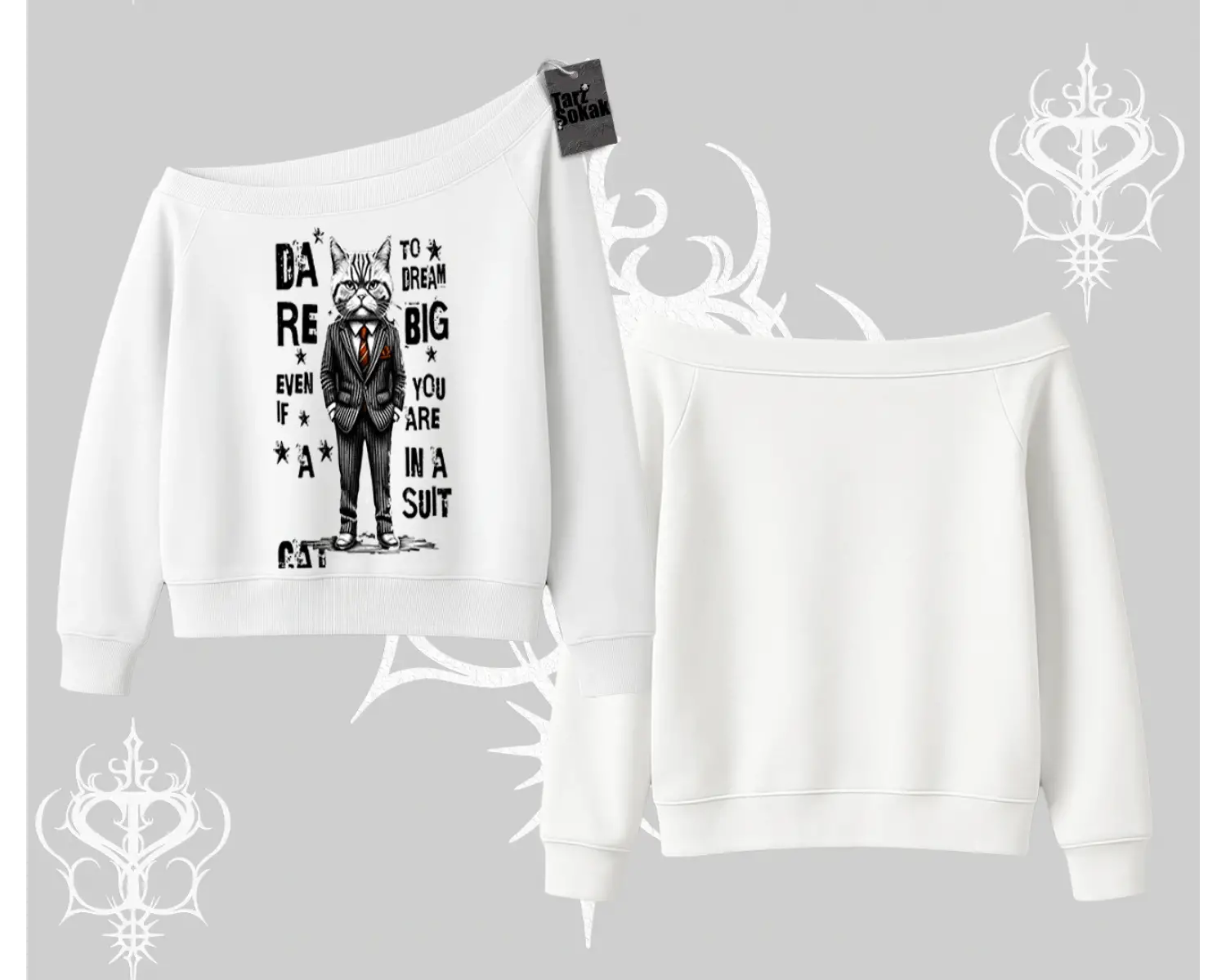 Dream Big Yazılı Takım Elbiseli Kedi Baskılı Kayık Yaka Sweatshirt