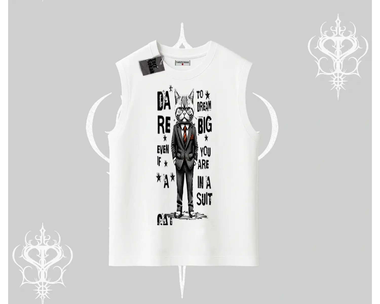 Dream Big Yazılı Takım Elbiseli Kedi Baskılı Kolsuz Tshirt