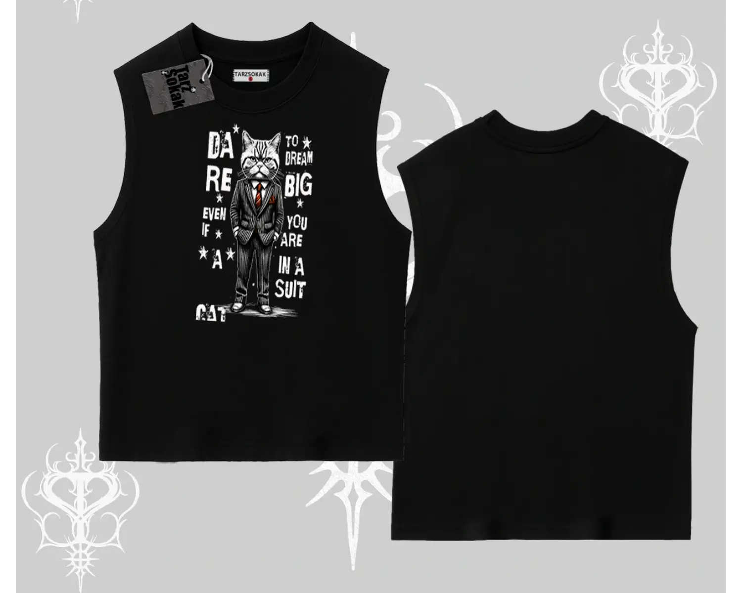 Dream Big Yazılı Takım Elbiseli Kedi Baskılı Kolsuz Tshirt