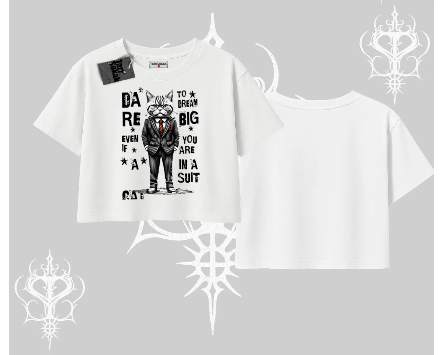 Dream Big Yazılı Takım Elbiseli Kedi Baskılı Oversize Crop Tshirt