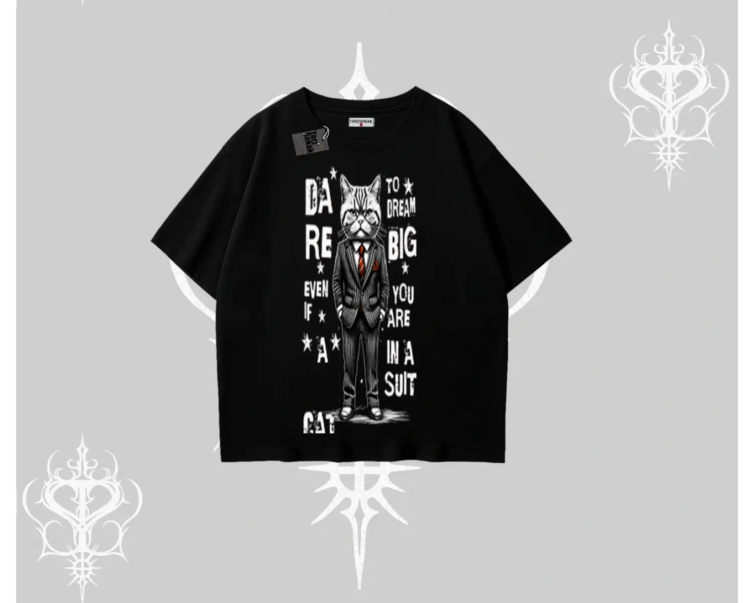 Dream Big Yazılı Takım Elbiseli Kedi Baskılı Oversize Tshirt