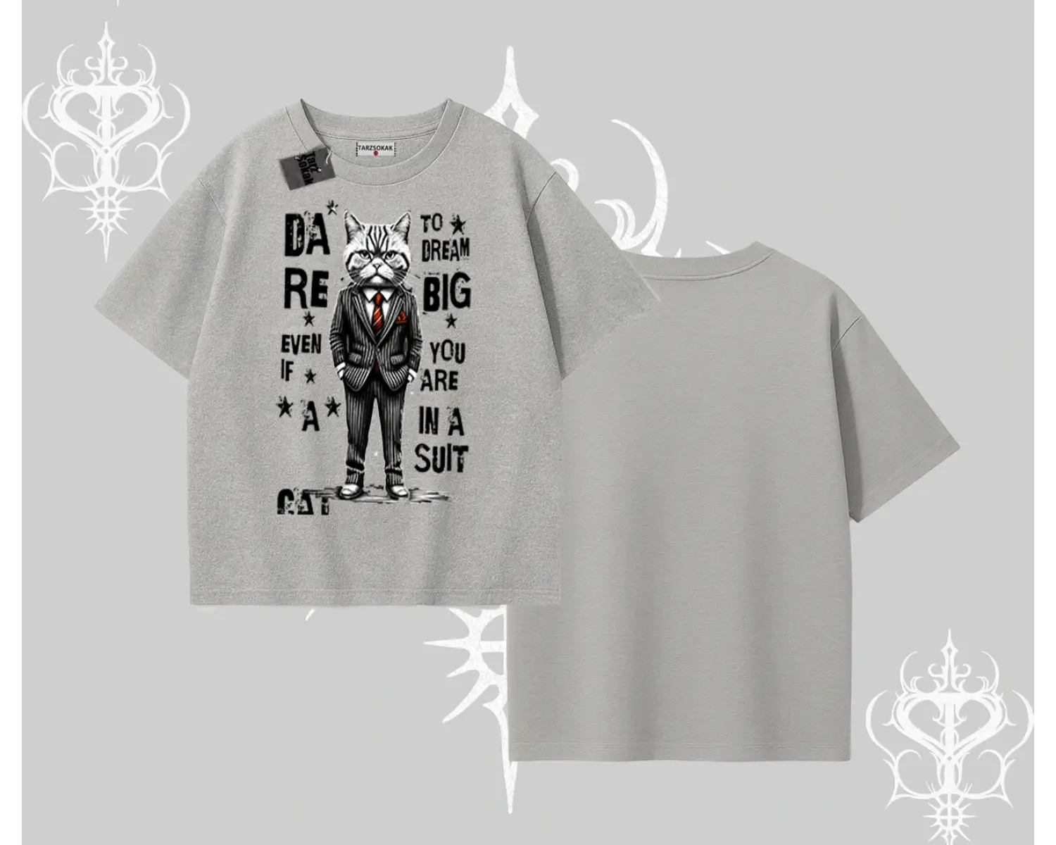 Dream Big Yazılı Takım Elbiseli Kedi Baskılı Oversize Tshirt