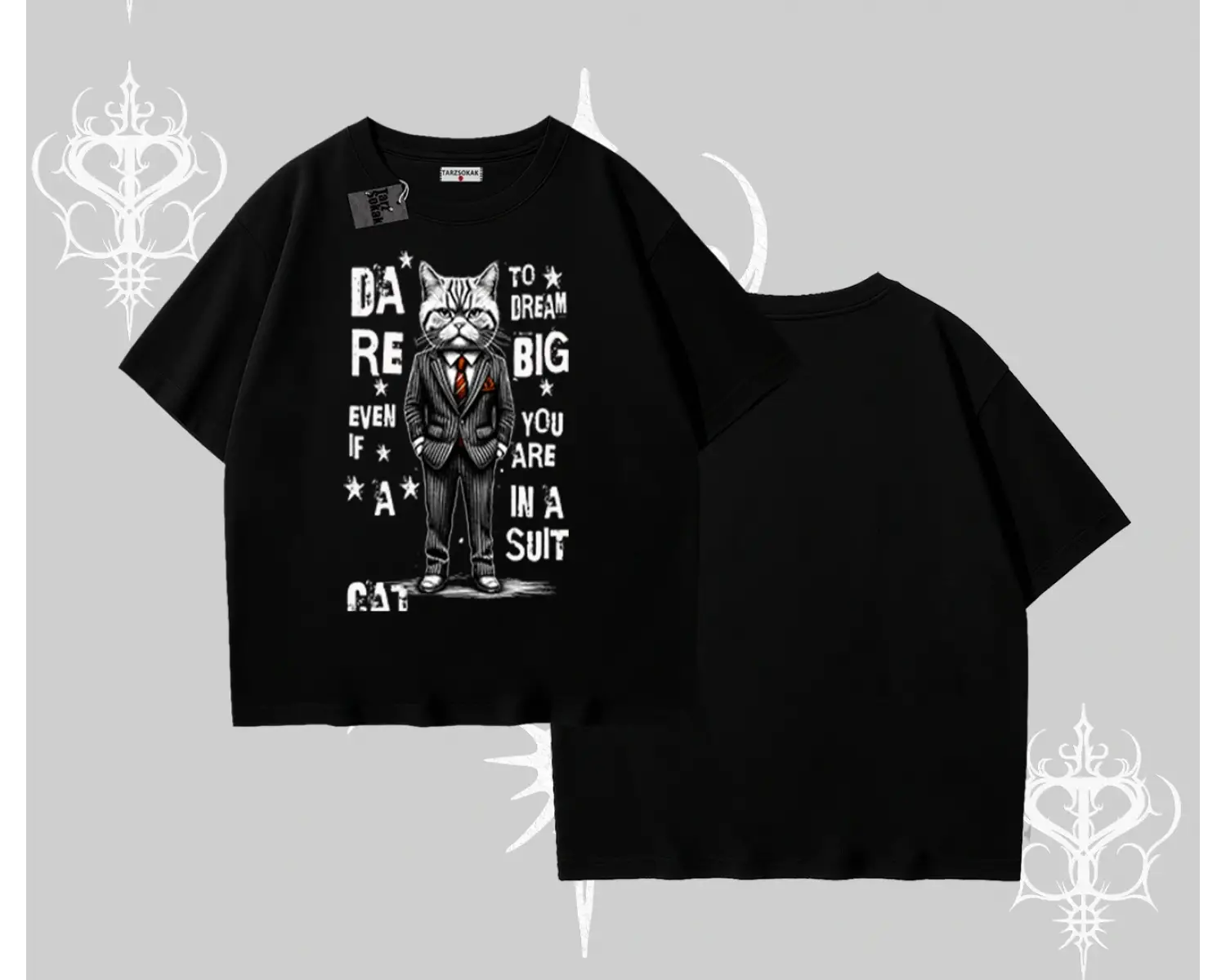 Dream Big Yazılı Takım Elbiseli Kedi Baskılı Oversize Tshirt